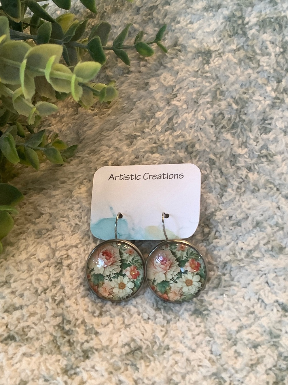 Artistic Creations Floral Blooms Glass Cabashon Pierced Lever Back Earrings NWT